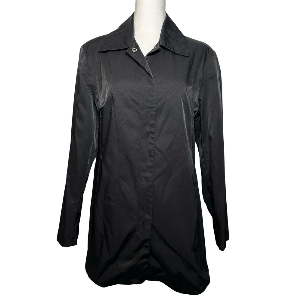 Anne Klein Black Collar Snap Front Raincoat Trench Coat Jacket Size Medium